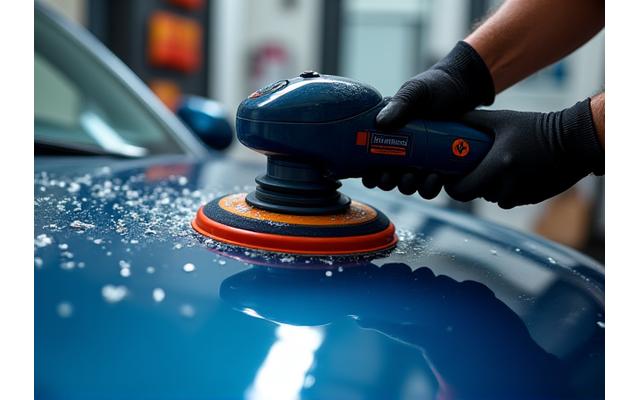 Erikoistyökaluja auton detailing-prosessi, kuten kiillotuskone ja mikrokuituliinoja
