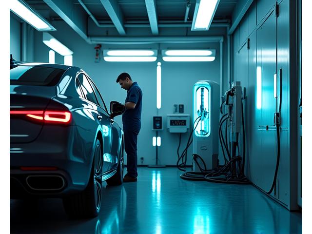 Hybridiauto pesulaitoksessa, korostaen asiantuntemusta molempien moottorityyppien käsittelyssä.