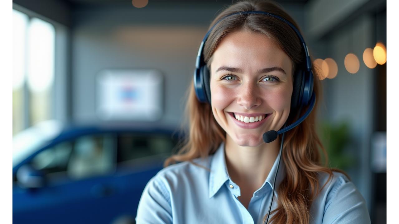 Ystävällinen asiakaspalvelija hymyilee puhelin headset päässä
